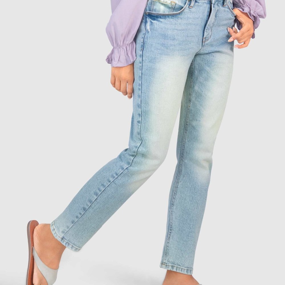 OLGYN High Waisted Light Blue Straight Denim Pant - Picture 3 of 5